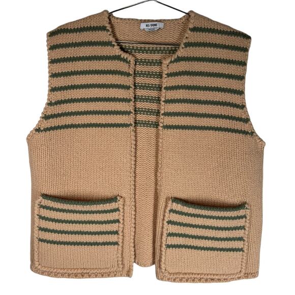 RE/DONE Patch Pocket Wool Vest Apricot Tan Sage Green Stripe Medium - Picture 4 of 8
